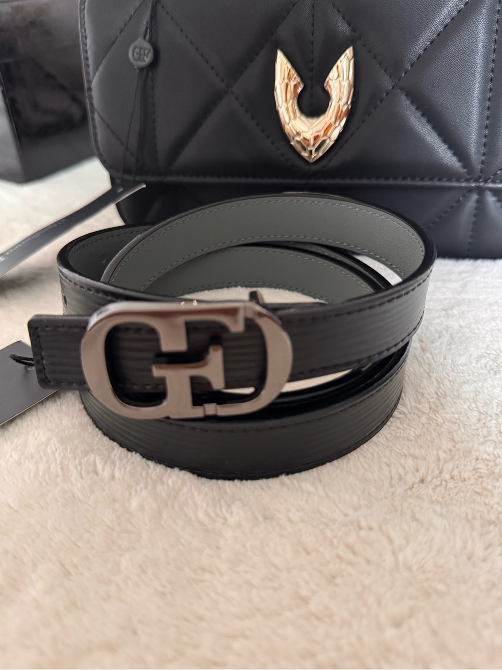 Gianfranco Ferré Black Leather Belt with Silver Double-GF Buckle